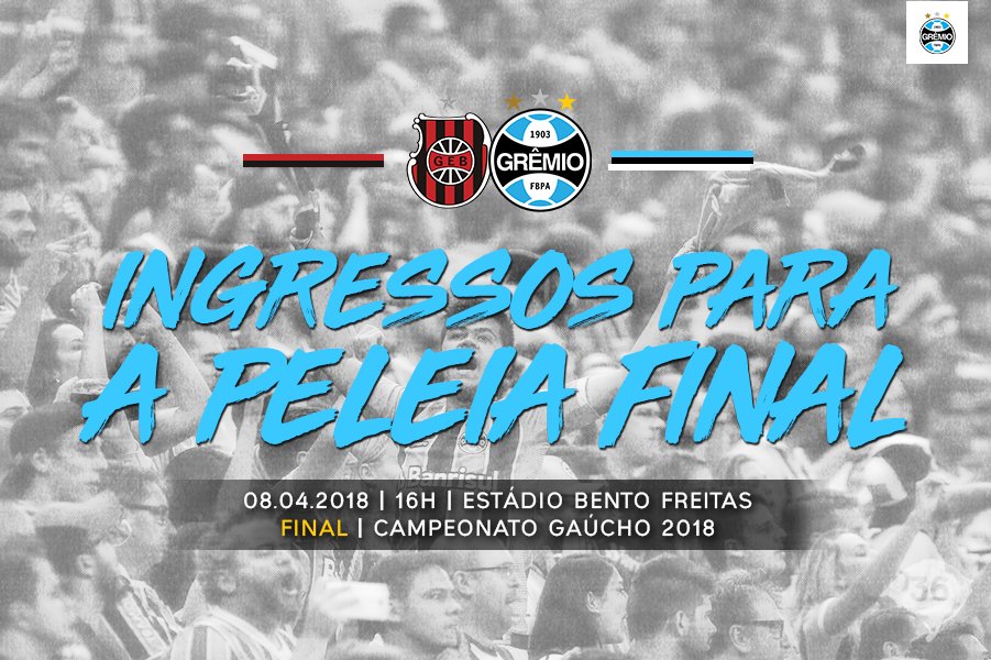 Gremio's tweet photo. Venda de ingressos para a #PeleiaFinal do #Gauchão2018 ocorre nesta sexta-feira: https://t.co/9rjNO22OSa ⚽️🇪🇪💪🏽🏆 https://t.co/012D0CCcSG