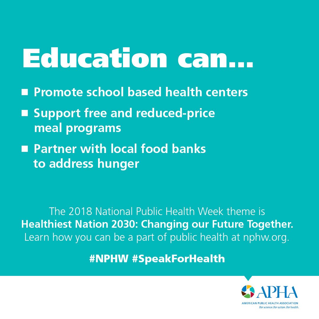 BENUMPHSAP's tweet photo. It's NATIONAL PUBLIC HEALTH WEEK! 
The theme is "Healthiest Nation 2030: Changing Our Future Together". 
Wondering what you can do?
#NPHW2018 #APHA #BENU #PUBLICHEALTH
American Public Health Association 
@NPHW American Public Health https://t.co/Wia8YrH5Uk