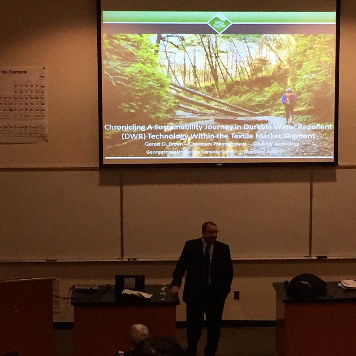 GU_gsoc's tweet photo. Dr. Gerald Brown, alumnus from Dr. Weiss’ lab, from @chemours sharing research on durable water repellent materials in the textile industry!

#TeamWeiss https://t.co/iqSwbq3j7v