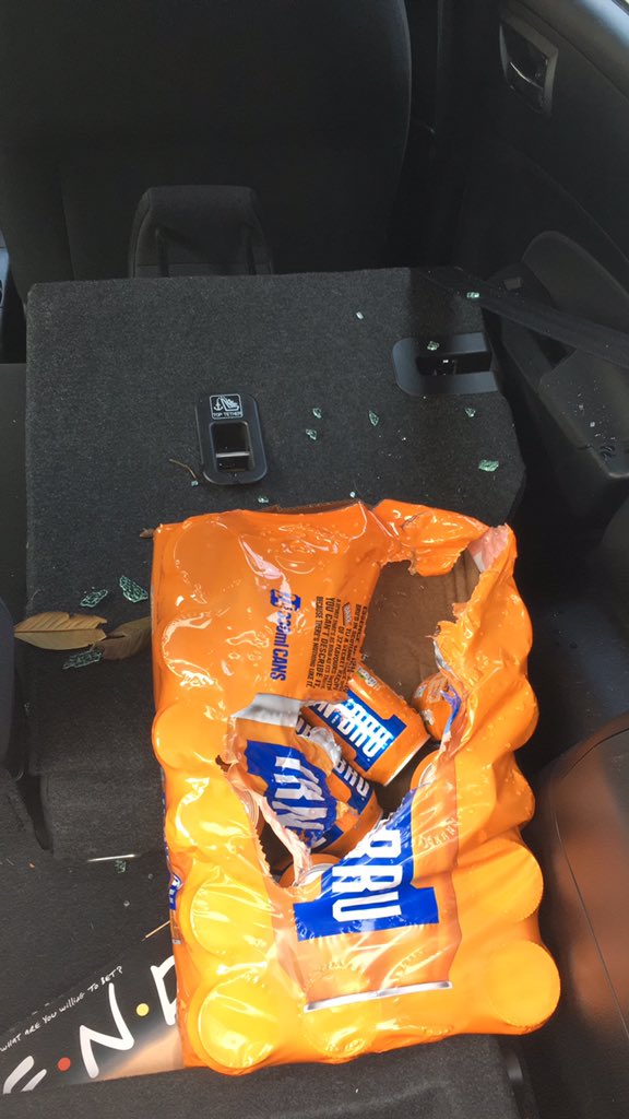 AliBali92's tweet photo. Dear @irnbru, my car window got smashed in and all they stole were my cans. They were the old recipe. The last of my stash. People are clearly getting desperate... you need to change it back before anyone else gets hurt! Don't be a #Cant https://t.co/GXlnW5Owsl