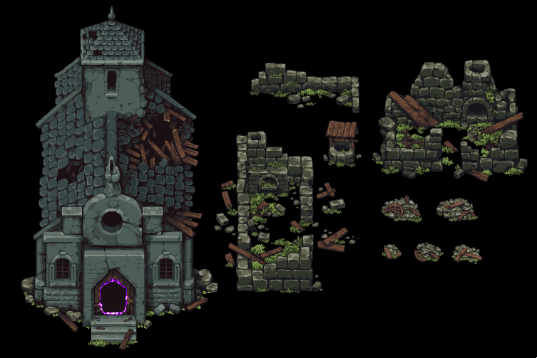 Stoneshard's tweet photo. The abandoned church and old village ruins. Wonder what happened to that door? 
 
#gamedev #indiedev #pixelart #roguelike #rpg https://t.co/WDyuZPIOcE