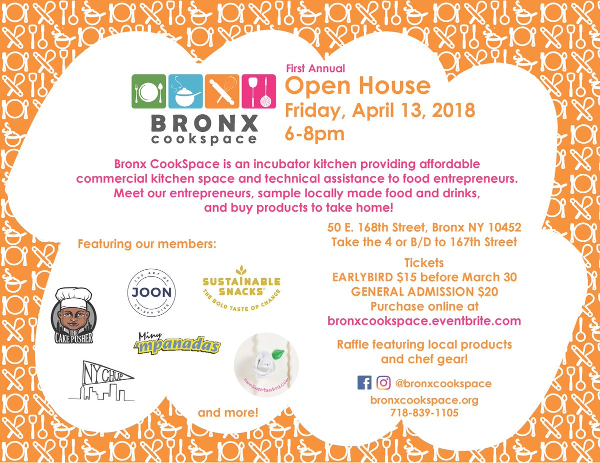 BronxCookSpace's tweet photo. NEXT FRIDAY 04/13 >>> Join us for our first annual #OpenHouse! Sample tasty bites + drinks made right here in the #Bronx, and enter our raffle for a chance to win a @EatNomiku #sousvide ! Buy your tickets now at https://t.co/4Dn0DyUdX7 https://t.co/KN6MMrhYnl