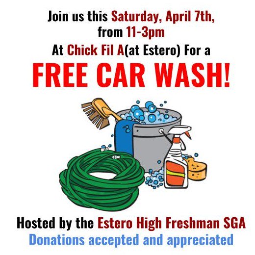 EsteroHS's tweet photo. The Freshman Class is having a Car Wash this Saturday at Chick-Fil-A of Estero. Stop by and support the freshman class at their fundraiser! #wildcatpride #LoveLeeSchools https://t.co/29mCiiNeAG