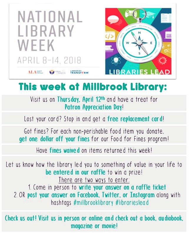 MillbrookLib's tweet photo. Celebrate National Library Week with us April 8-14! Donate food for fines, enter a raffle, and more. #millbrooklibrary #librarieslead #NationalLibraryWeek https://t.co/2kZFkjvx4l