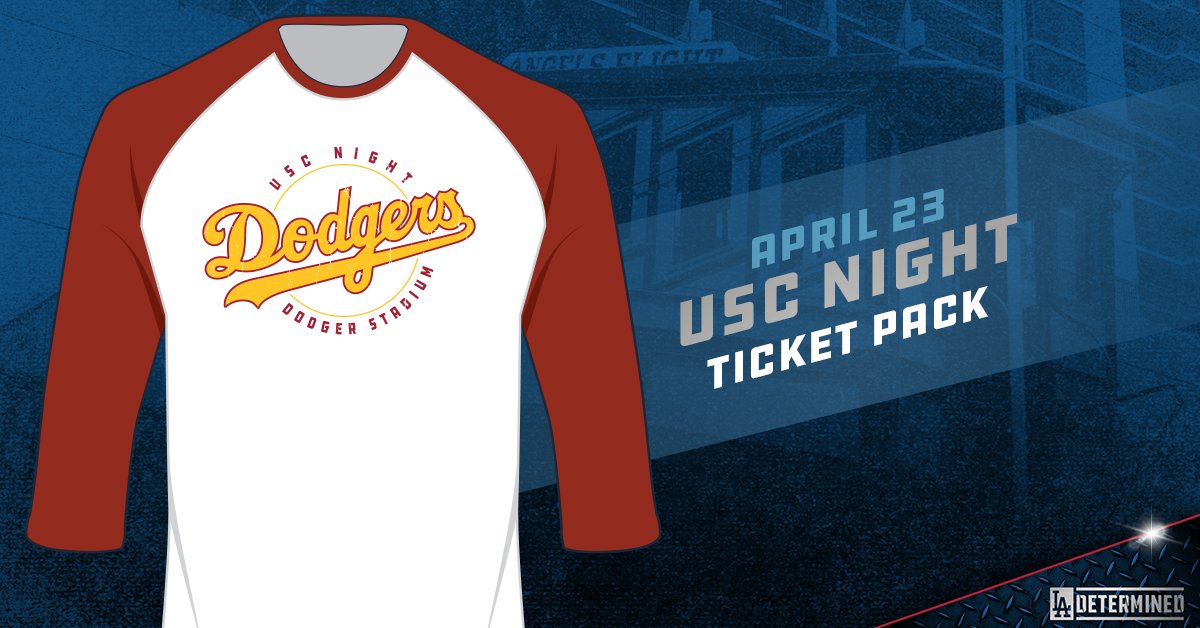Dodgers's tweet photo. Show your school spirit and join us for @USC Night at Dodger Stadium on April 23! Get this exclusive T-shirt when you purchase a special ticket pack: https://t.co/PhaAwfwbHl https://t.co/meP2vjebcb