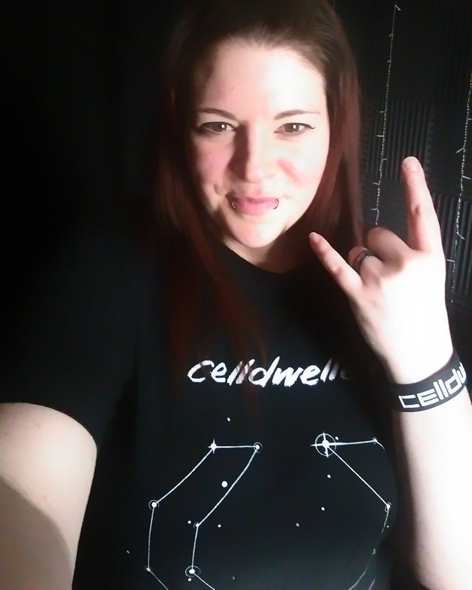 celldweller's tweet photo. Rocking out to some Celldweller, @Exoauraband flaunts her Echoes T-shirt and bracelet! ( \m/ emoji) https://t.co/MOAD8AuOHI