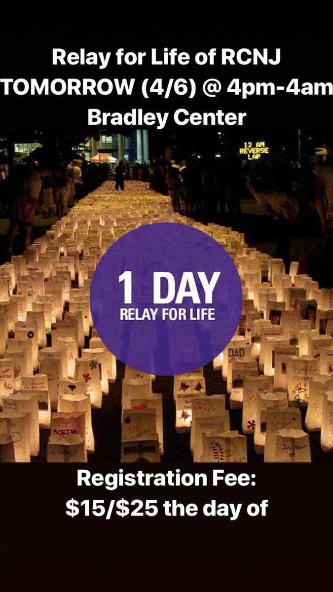 RamaRelay's tweet photo. TOMORROW (4/6) is Relay for Life of #RCNJ! Registration is still $15 but it’ll increase to $25 the day of so sign-up now! There’s gonna be food, games, music, prizes &amp; more so don’t miss out on this exciting event! https://t.co/0CbNCNUmOR #ramarelay #ramapocollege #relayforlife https://t.co/2vQzStSiJj