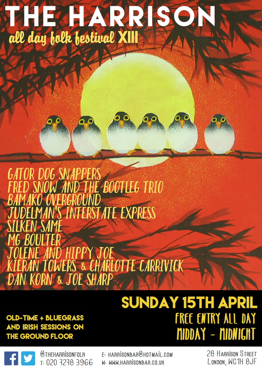TheHarrisonFolk's tweet photo. Getting excited about our next ALL DAY FOLK FESTIVAL #ADFF
https://t.co/1SkWx5K5JE     
SUNDAY 15th APRIL (SOON!!)
Midday - Midnight
FREE ENTRY
✨LINE UP ✨
@GatorDogSnapper 
@BamakoOG 
@MossyNolan 
@MGBoulter 
@kieranfiddle 
@DanKornMusic
&amp; more... https://t.co/PAGLVwWwXF