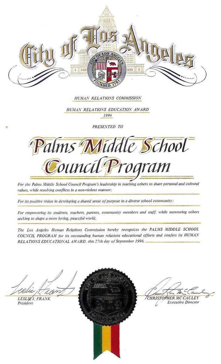 CircleWays's tweet photo. Looking back at the year 1996, when the Palms Middle School Council Program was awarded the Human Relations Education Award by the City of #LosAngeles 
#archive #tbt #ThrowbackThursday #education #restorativepractices #wayofcouncil #circleways #students #teachers https://t.co/CriiyI0IUx