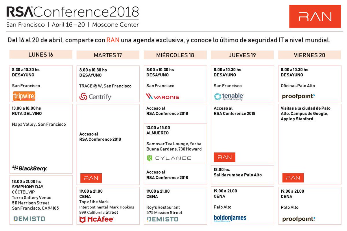 RANSecurity's tweet photo. ¿PARTICIPAS DEL RSA CONFERENCE 2018 EN SAN FRANCISCO?
Del 16 al 20 de abril #ransecurity  participará del #RSAConference2018 Conoce lo último de seguridad IT a nivel mundial. No dudes en contactarnos para sumarte a nuestra agenda exclusiva. > expertos@ransecurity.com #RSAC18 #RSA https://t.co/hzwsWRZB4V