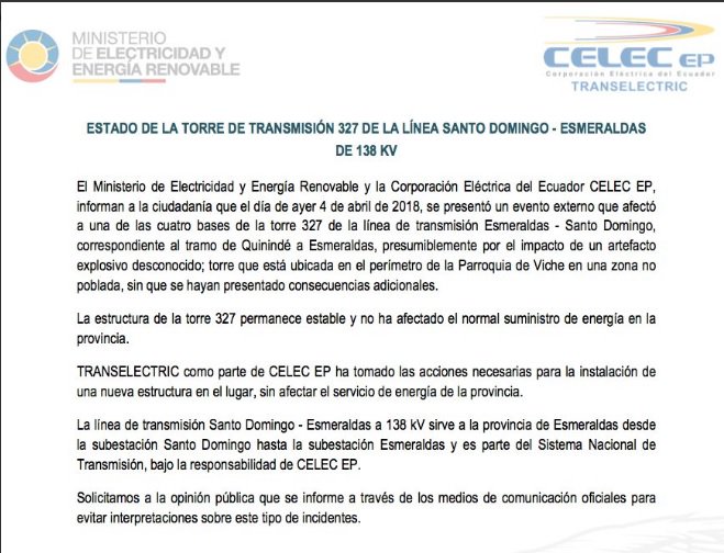 TranselectricEC's tweet photo. [COMUNICADO] Estado de la Torre de Transmisión 327 de la Línea Santo Domingo - Esmeraldas de 138 kV. https://t.co/wNXpCpao2G