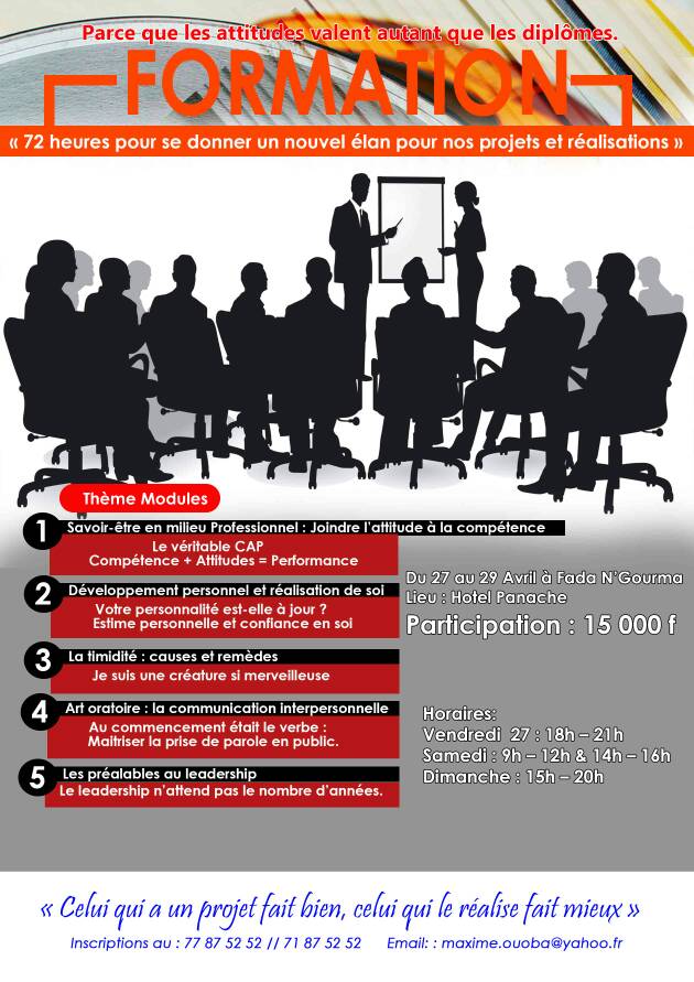 Une formation pour vous donner un nouvel élan dans vos projets et réalisations du 27 au 29 avril 2018 à #Fada. #Burkina #Lwili