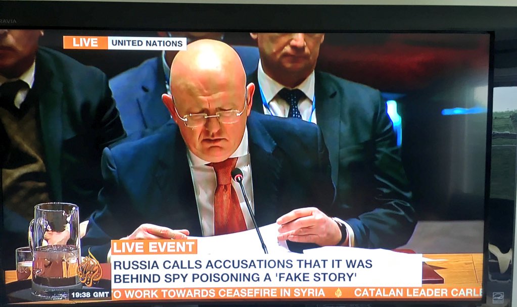 WorldAffairsPro's tweet photo. Russia signals it intends to fight back hard against western coalition supporting UK in Skripal nerve agent attack. Right now in UN the RF rep hits out at France, UK & others. Says aim to “deligitimize” Russia. Demands answers what happened to Skripal 2 cats & guinea pigs.. https://t.co/vCP08IW7iE