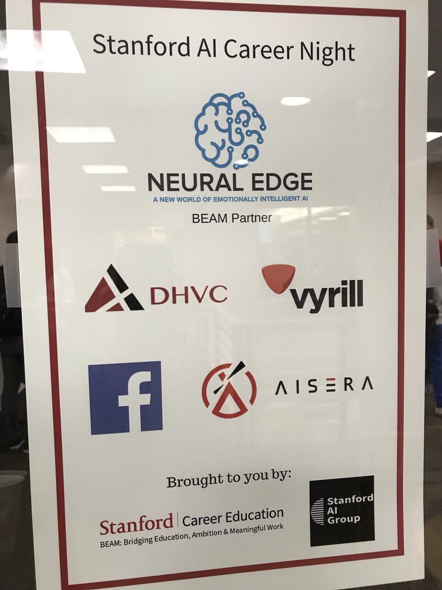 Congrats to <a href="/Jenrrowland/">Jennifer Rowland</a> <a href="/moniquef2014/">monique Frizzell</a> and <a href="/Jeffitout/">Jeffrey D'Andria</a> on the first “AI Careers Night” @stanfordbeam. Packed house of employers and students connecting just 15 minutes into the event! #meaningfulwork
