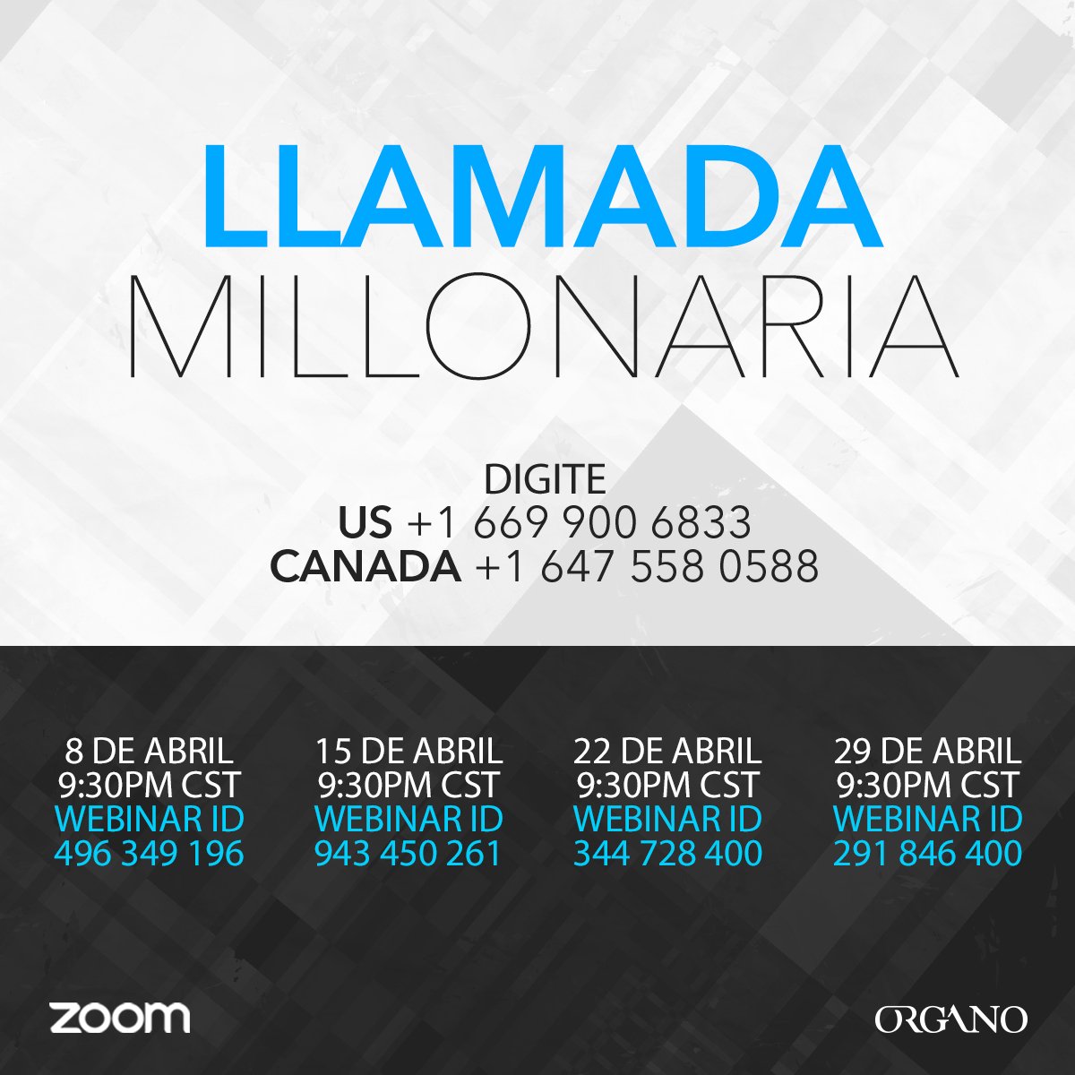 OrganoGold's tweet image. ¡No te pierdas nuestras Llamadas Millonarias de abril! Búscanos cada domingo a las 9:30pm CST y escucha consejos de los mejores! #OGAcademy