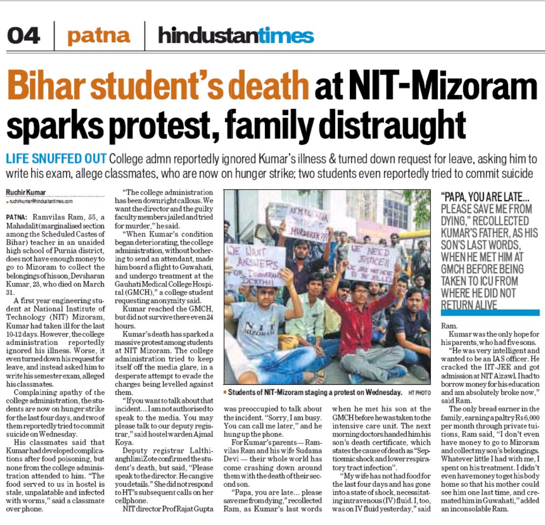 students_nitmz's tweet photo. #NITMZ_DEATH
Detailed coverage from @htTweets for #justiceforDevsharan Check out here: https://t.co/wcCRWPVElA
@GeetaJnu @ANI @jnu_voice @kanahiyaJNUSU @etvbihar @DainikBhaskar @aajtak @ravishndtv @AISA_tweets @SLC_IITMadras @Assam_Tribune @TimesNow @timesofindia @Telegraph https://t.co/XHWRkfMGIa