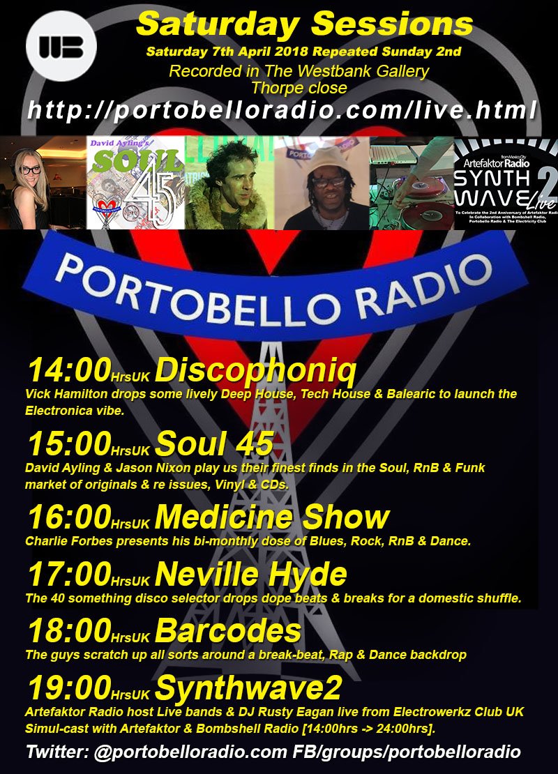PortobelloRadio's tweet photo. Great line up this weekend on #SaturdaySessions #House #Soul #Breaks & #Synth from @LondonWestBank with #VickyHamilton, @Dkayling , #CharlieForbes, #NevilleHyde, #BarCodes & @artefaktorradio from 14:00hrsUK. Pop in or listen in https://t.co/TwOoUKDBF6 https://t.co/Rx5gqJTXL3