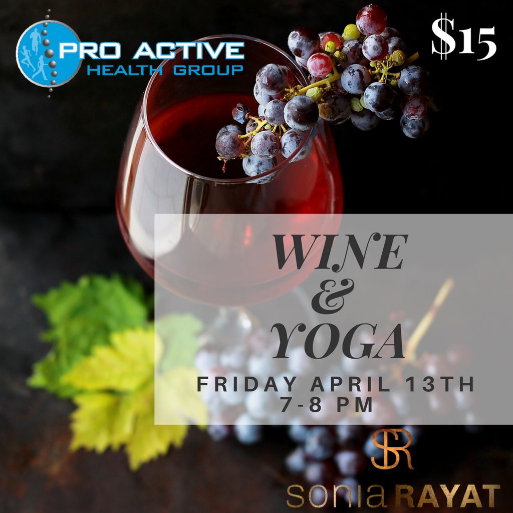 ProactiveClinic's tweet image. Join @s.r.yoga at Pro Active Health for Wine &amp;amp; Yoga Night on Friday April 13th from 7-8PM! 
Spots fill up fast!! - reserve by calling us 🍷905.488.1223! 

.
.
.
#wineandyoga #wine #fridaythe13th #winelover #foodandwine #wineaddict #yoga #zen #peace #relax #yogaworkout #yogamoves