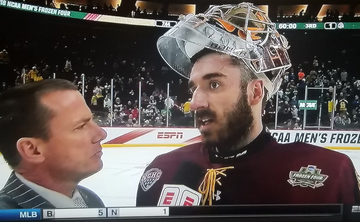 Former Thunderhawk Hunter Shepard with the postgame interview after UMD defeats Ohio St. 2-1 to reach the NCAA Championship. Shepard with 19 saves for the Bulldogs.