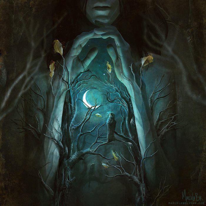 DeviantArt's tweet photo. “Midnight interlude” paints a haunting scene, with trees sprouting from steepled arms. https://t.co/23aGd5TkX1 https://t.co/mfGaiJvkPC