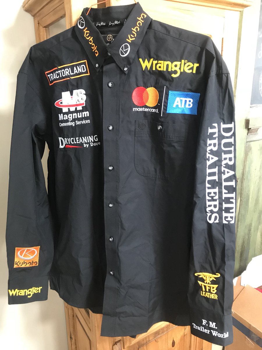 swschiffner's tweet photo. My new shirts showed up just in time for the 1st @prorodeocanada  of the year Can’t thank these great companys enough  @atbfinancial @Tractorland_Ltd @KubotaCanadaLtd @Mastercard @DryCleaningbyDa @TfbLeather @FMTrailerWorld @Wrangler #magnumcementing #duralitetrailers #rodeo2018 https://t.co/ufY6oCqemy