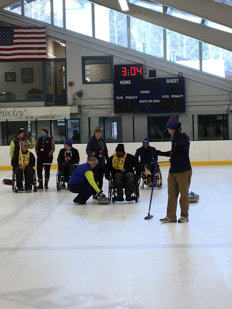 .@Prudential volunteers help #veterans curl at #WinterSportsClinic hosted by @DAVHQ and @DeptVetAffairs @Snowmass.  Good curling!