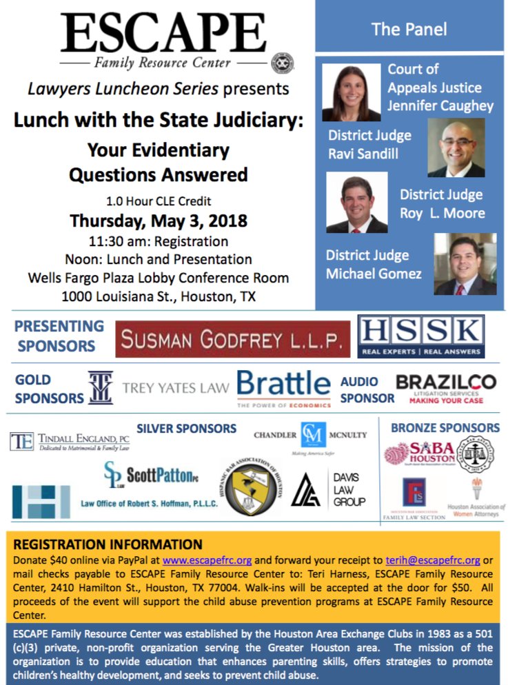 escapefrc's tweet image. Register today for the next Houston Lawyers Luncheon on May 3.
bit.ly/2Jmd92j