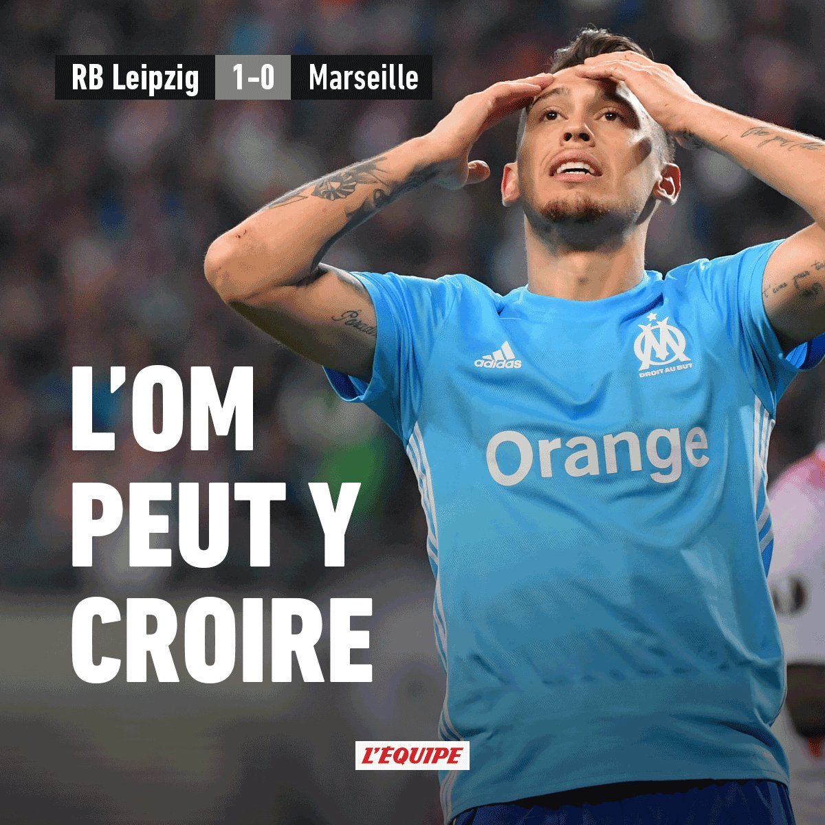lequipe's tweet photo. L'OM s'incline 1-0 sur la pelouse du RB Leipzig en quarts de finale aller de la Ligue Europa https://t.co/g6oG7BbC8J https://t.co/oZr8fO6qSo