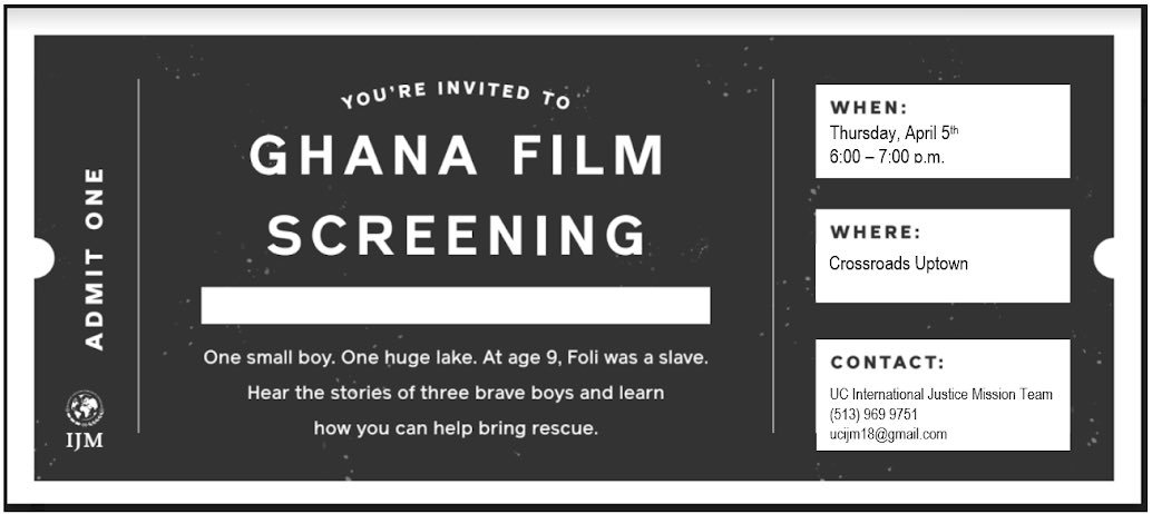 Don’t forget to go to Cane’s and support our friends at <a href="/BrigadesUC/">UC GPHB</a> &amp; take it with you to watch a free screening of the International Justice Mission’s move about slavery in Ghana! #GoBearcats