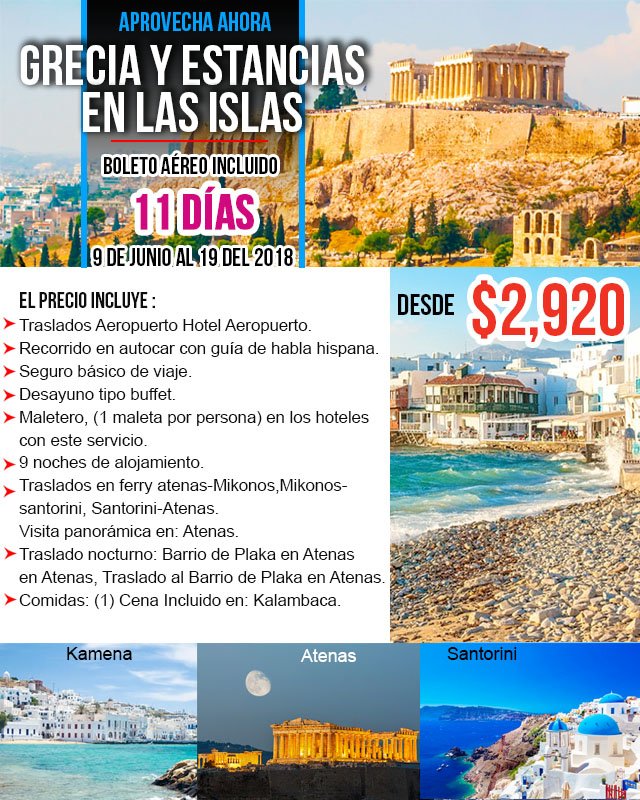 CheapTravelToGo's tweet photo. Grecia y estancias en las Islas!
11 Dias / 9 al 19 de Junio 2018
Boleto Aereo Incl. (Desde Miami)
Hoteles, Comidas, Traslados y mas.
Toll Free: 1-844-892-4317
reservations@cheaptraveltogo.com
https://t.co/WiNneasbmS
#grecia #islas #europe https://t.co/bFW2G2lqol