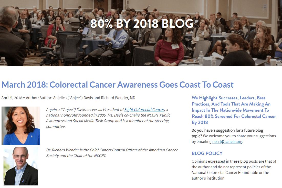 NCCRTnews's tweet photo. Hear @RichWender and @AnjeeDavis recap March 2018 on the #80by2018 Blog! We spread #ColorectalCancer screening awareness coast to coast, and what an adventure it was! https://t.co/pHvxyD1fFv @FightCRC #CRCcoast2coast https://t.co/E0XlBoOoZS