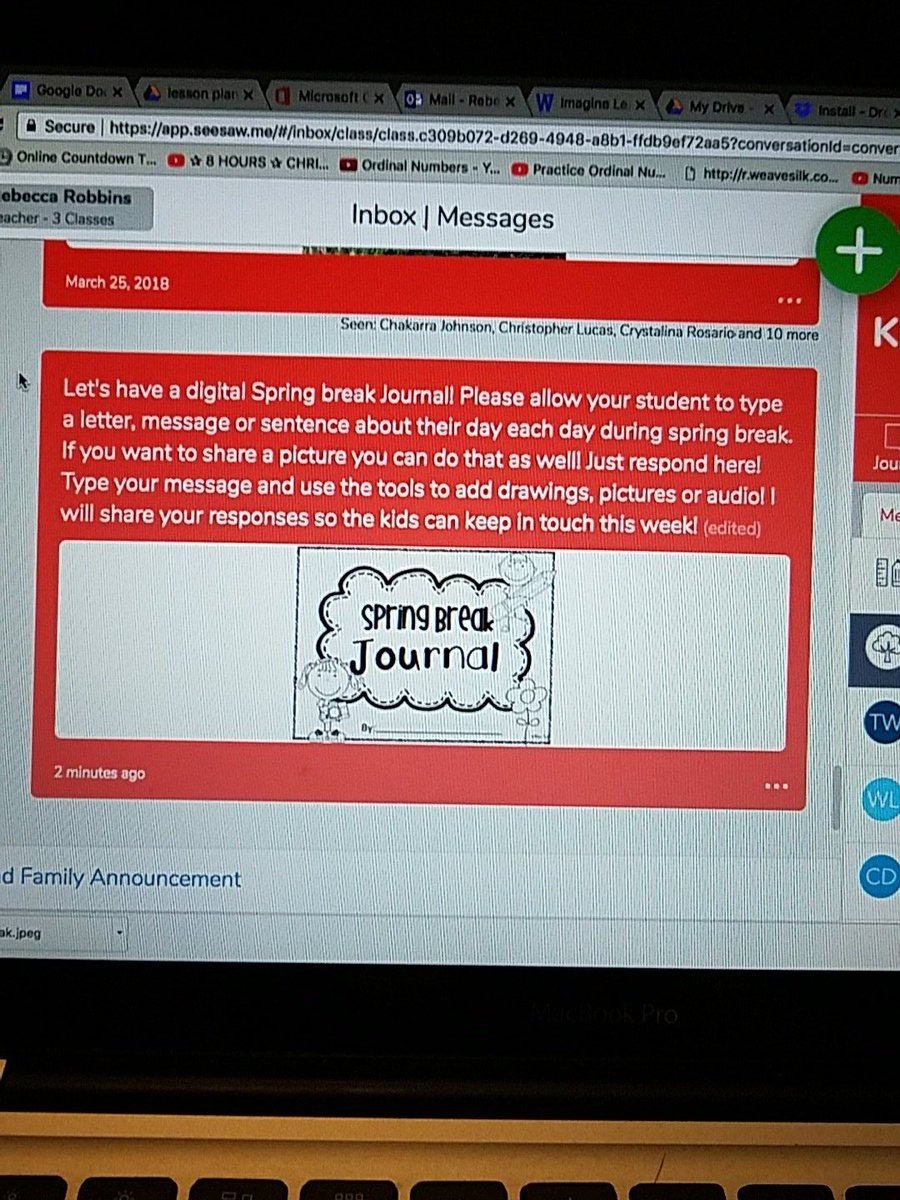 MrsRobbins24's tweet photo. #vbhasjoy @Seesaw my spring break journal is going great! Ps and Ss are really enjoying sharing what they are doing using the creative tools! The #kidsbop dance off is epic! @OrganicLeaderVB @EMercedLearning @hollorans @joyineer https://t.co/tKCo9xJoTv
