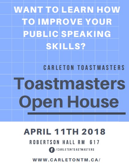 CUToastmastersC's tweet photo. Calling all Carleton students and faculty! Carleton Toastmasters will be having an open house this Wednesday with free refreshments. Come out and find out what Toastmasters is all about :) https://t.co/5hWKl4CStZ