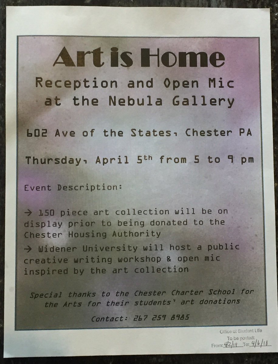 TheBlueGoldWU's tweet photo. Stop by the Art is Home reception &amp; open mic from 5-9 hosted by Nebula Gallery and WU Creative Writing students-shuttles provided @library https://t.co/Tm5YHwkFZx
