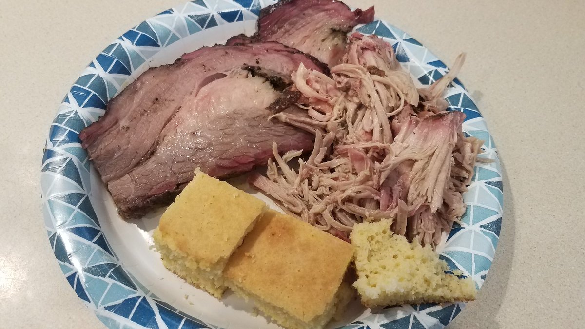 Here is a sample of today's plate that we cooked. Pulled pork with <a href="/MeatChurch/">Meat Church ™</a>  honey hog and then brisket with <a href="/MeatChurch/">Meat Church ™</a> All Purpose then a layer of <a href="/carnivorerub/">Hardcore Carnivore</a> black on top #Prehmsbbq