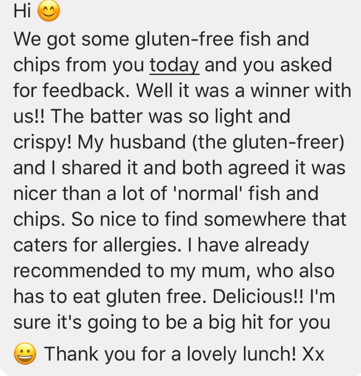 3 weeks of our new gluten free menu and with lovely reviews like this we couldn't be happier! #glutenfree #fishandchips #looe