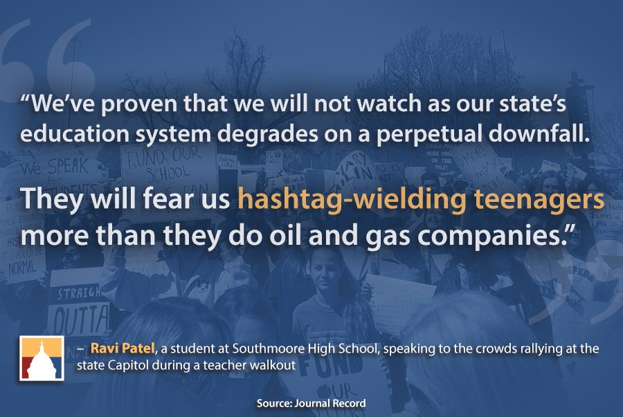 OKPolicy's tweet photo. Quote of the Day: "They will fear us hashtag-wielding teenagers more than they do oil and gas companies" – Ravi Patel, student at Southmoore High School

[Source: https://t.co/oMi4PZYK1r] https://t.co/rEa0wt4WvF