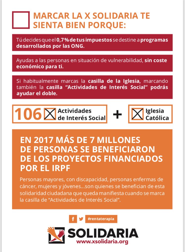 hoy Comienza la campaña de la X Solidaria en la declaración de la Renta. Por favor, no cuesta de marcar un X en solo 1 segundito, mil gracias ☺️