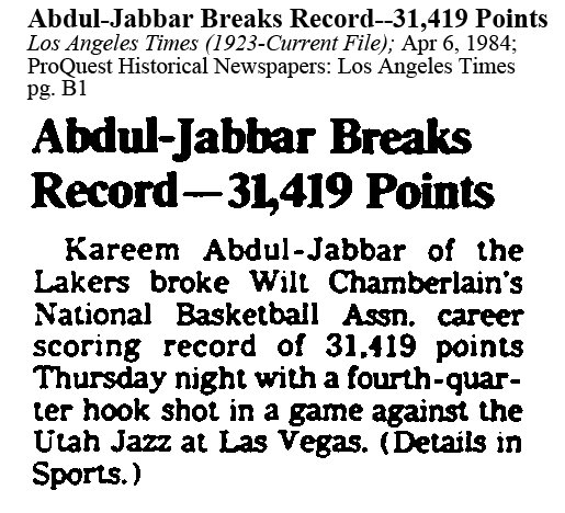 text of article about Kareem breaking a record