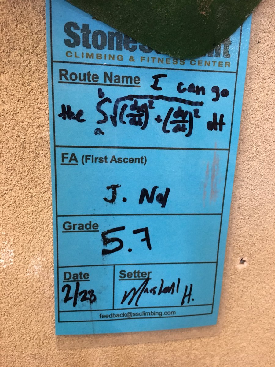 Alison0328's tweet photo. I love it when the route setter loves calculus as much as I do! #mathinweirdplaces  @AllenAPCalc https://t.co/2J1karb0sb