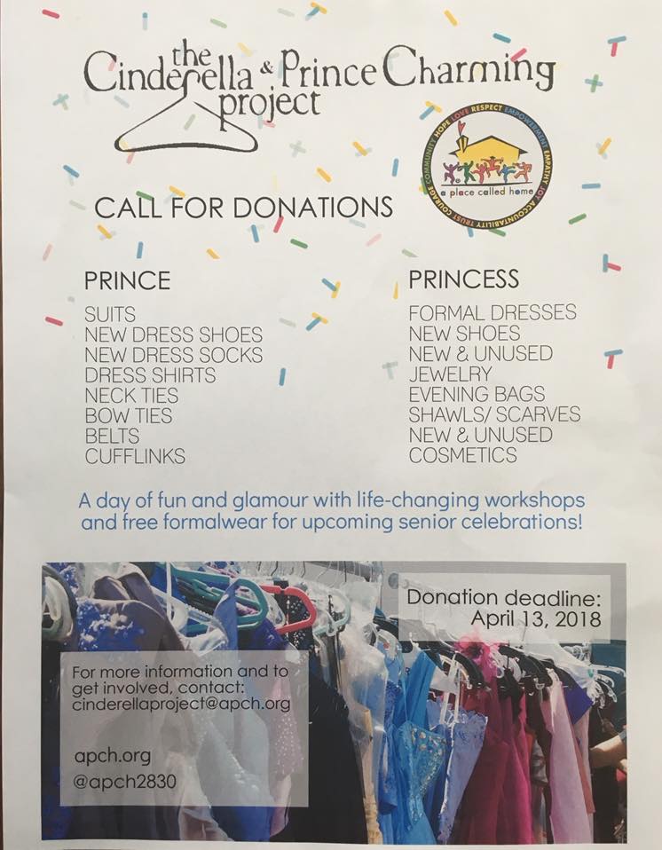 Looking for donations for the Cinderella and Prince Charming project. Please see the attached picture. Drop off at Mychal's by April 13th.