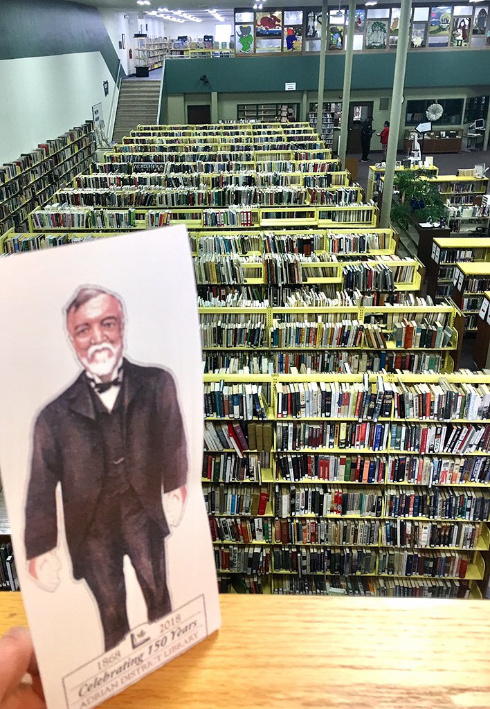WilsonMellissa's tweet photo. #LISDLitLab #PopUp planning @DwntwnAdrian @adrianpublib #Inspired by the #FlatAndy cut out of Andrew Carnegie. His funds allowed for the building of 61 libraries in Michigan, including the former Adrian Public library, now The Adrian Historical Museum https://t.co/GWHbZEoHYY