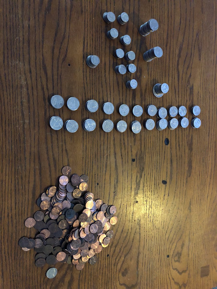 MsZwhs's tweet photo. Our school is raising money for women’s history month through Waterford Girl Up. I decided to raid our house coin jar. $35 in stacks plus a pile of pennies. Let’s do what we can for this great cause! @LancerNationM #lancerstrong #proudteacher https://t.co/2oOoIXMuld