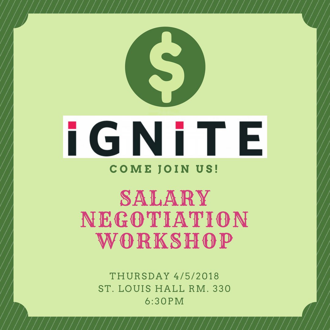 IGNITEatStMU's tweet image. ‼️Tonight‼️

We will be hosting a Salary Negotiation Workshop tonight at 6:30! Free pizza for all attendees 🍕