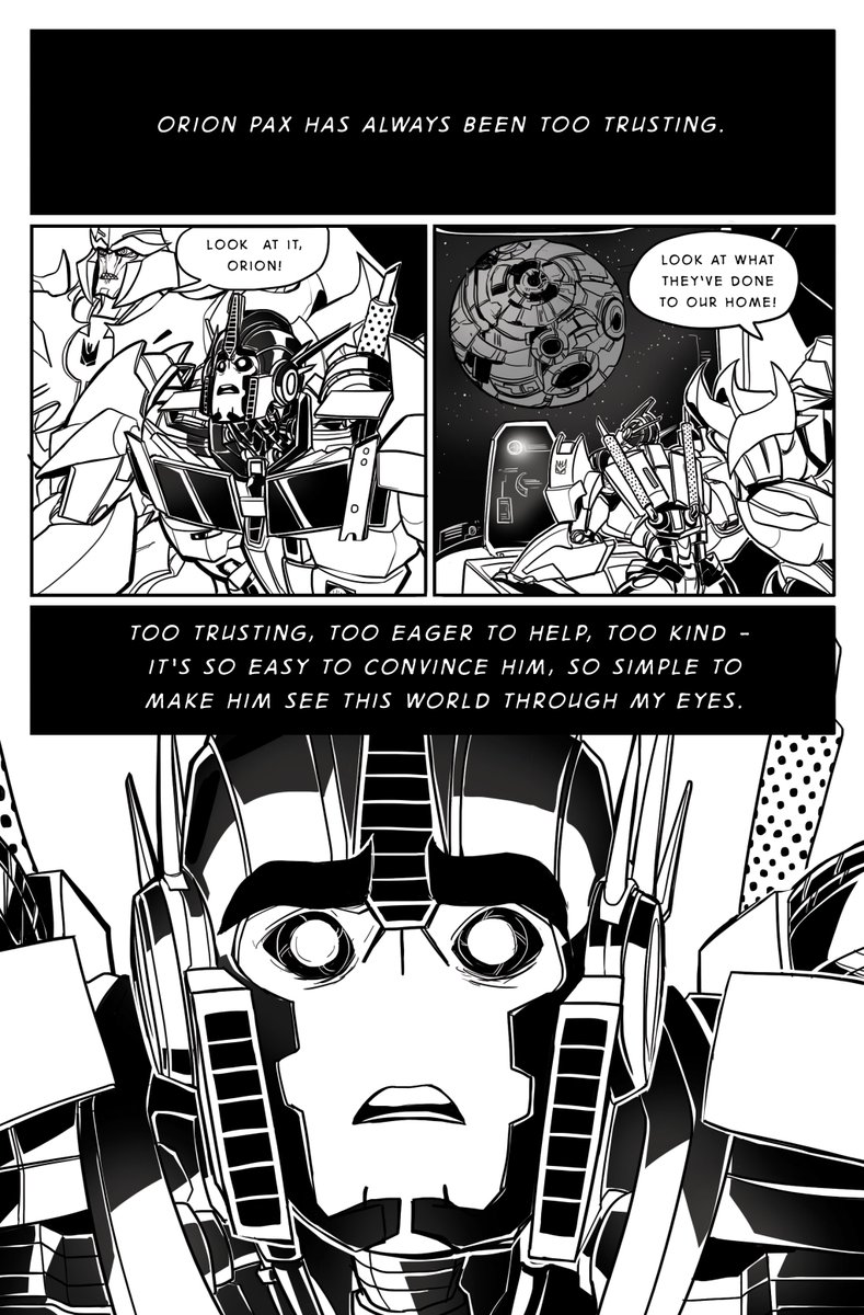 'Cheap Victory' (1/3)  This was my entry for the 2016 MegOP zine hosted by @taiyaribot (amazing artist, def check them out!), I don't write MegOP a lot so this was a nice challenge! I wanted to focus on TFP Megatron's thinly veiled begrudged admiration he has for Optimus Prime.