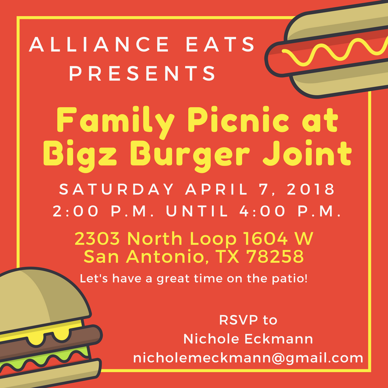 BCMSAlliance's tweet photo. We're having a family #picnic on Saturday at 2 p.m. @BigzBurgerJoint on 1604.  All current &amp; potential Alliance members &amp; their families are invited.  Let's enjoy this spring weather! #bexarcounty #SanAntonio https://t.co/YBn4lRgGsV