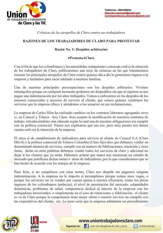 Utratics's tweet photo. Crónicas de los atropellos de @ClaroColombia @carlosslim razones de los trabajadores de #ClaroColombia para protestar @mjsarmientoa @JERobledo @cutcolombia @MintrabajoCol @Ministerio_TIC @uniamericas @Canal1Colombia @CanalCapital @PGN_COL @OITnoticias @OITAmericas @OITinfo https://t.co/L7j2lNkbHj