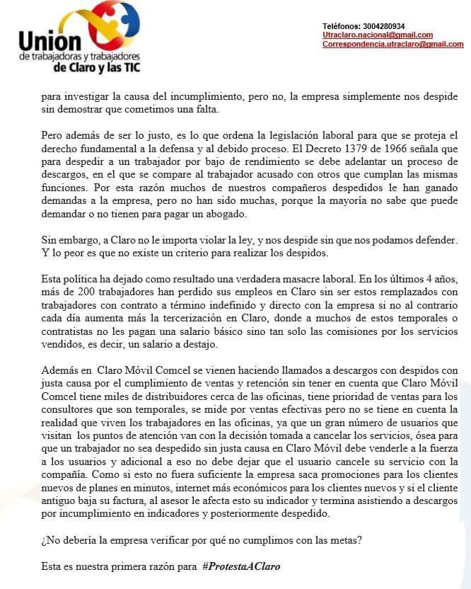Utratics's tweet photo. Crónicas de los atropellos de @ClaroColombia @carlosslim razones de los trabajadores de #ClaroColombia para protestar @mjsarmientoa @JERobledo @cutcolombia @MintrabajoCol @Ministerio_TIC @uniamericas @Canal1Colombia @CanalCapital @PGN_COL @OITnoticias @OITAmericas @OITinfo https://t.co/L7j2lNkbHj