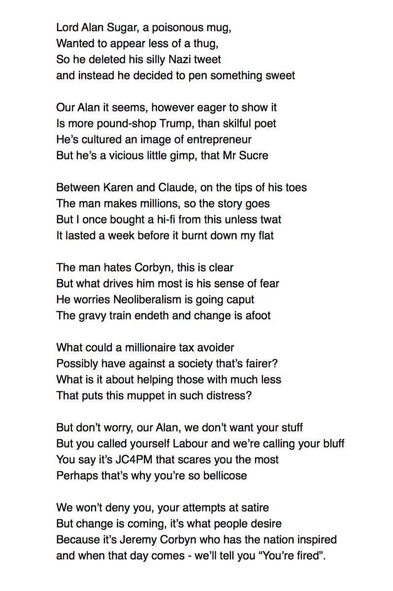 BullshitHunter_'s tweet photo. Seen as @Lord_Sugar likes poems here's one about him... https://t.co/Dh1NLMUO55