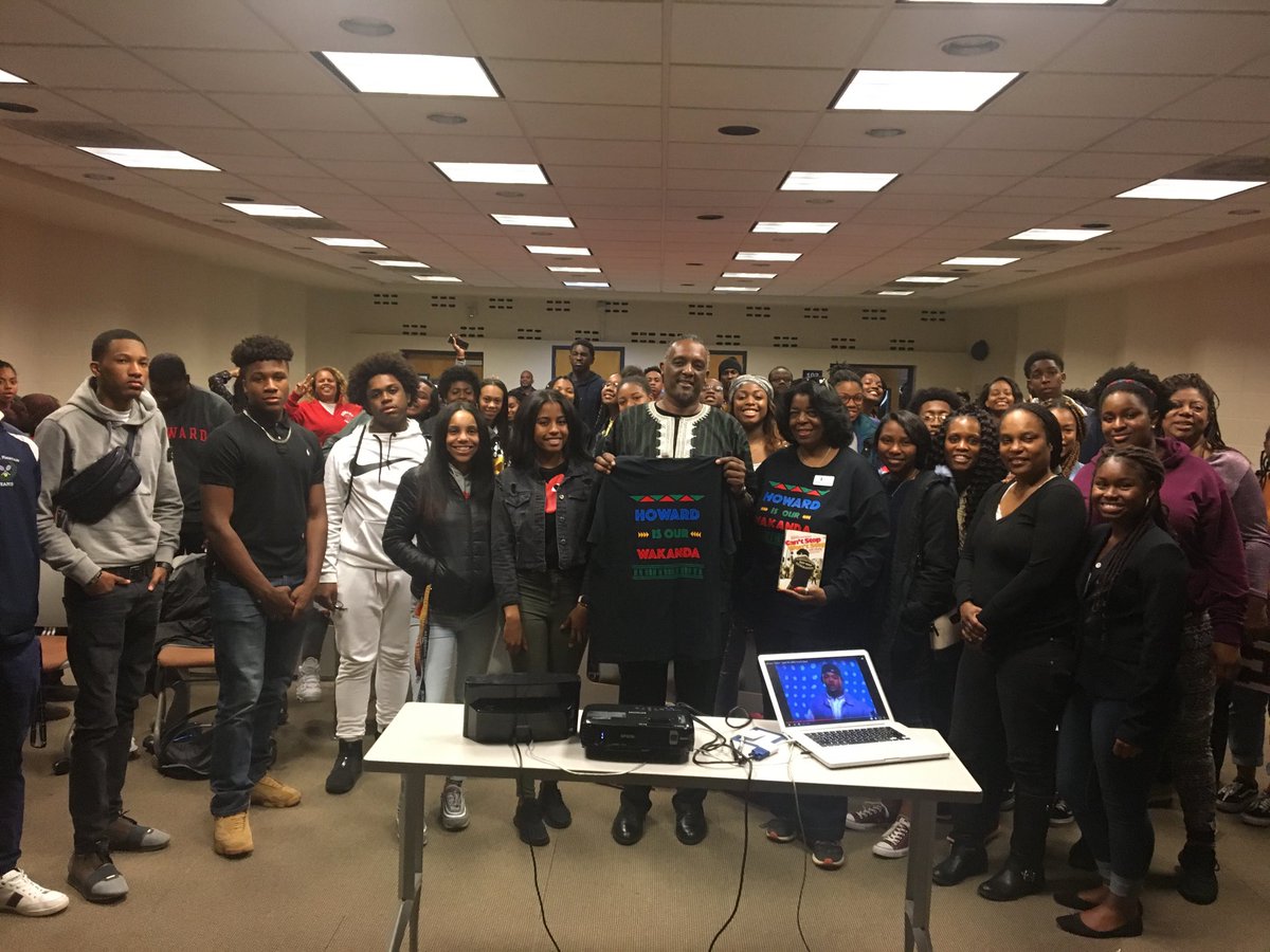 AfricanaCarr's tweet photo. Our #HowardU students just had an amazing class dialogue with the full force @HUalumATL crew! Thanks to Sister Cheryl Riley &amp; the Atlanta Alumni Nation for bringing 50 high schoolers for the weekend &amp; for my “Howard is Our Wakanda” shirt! Look at these soon to be #HBCU students! https://t.co/JOjrFOvOUH